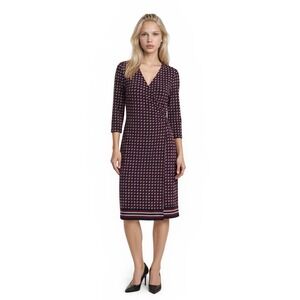 Talbots Wrap Dress Women's Size Large Petite LP Navy Burgundy Geometric